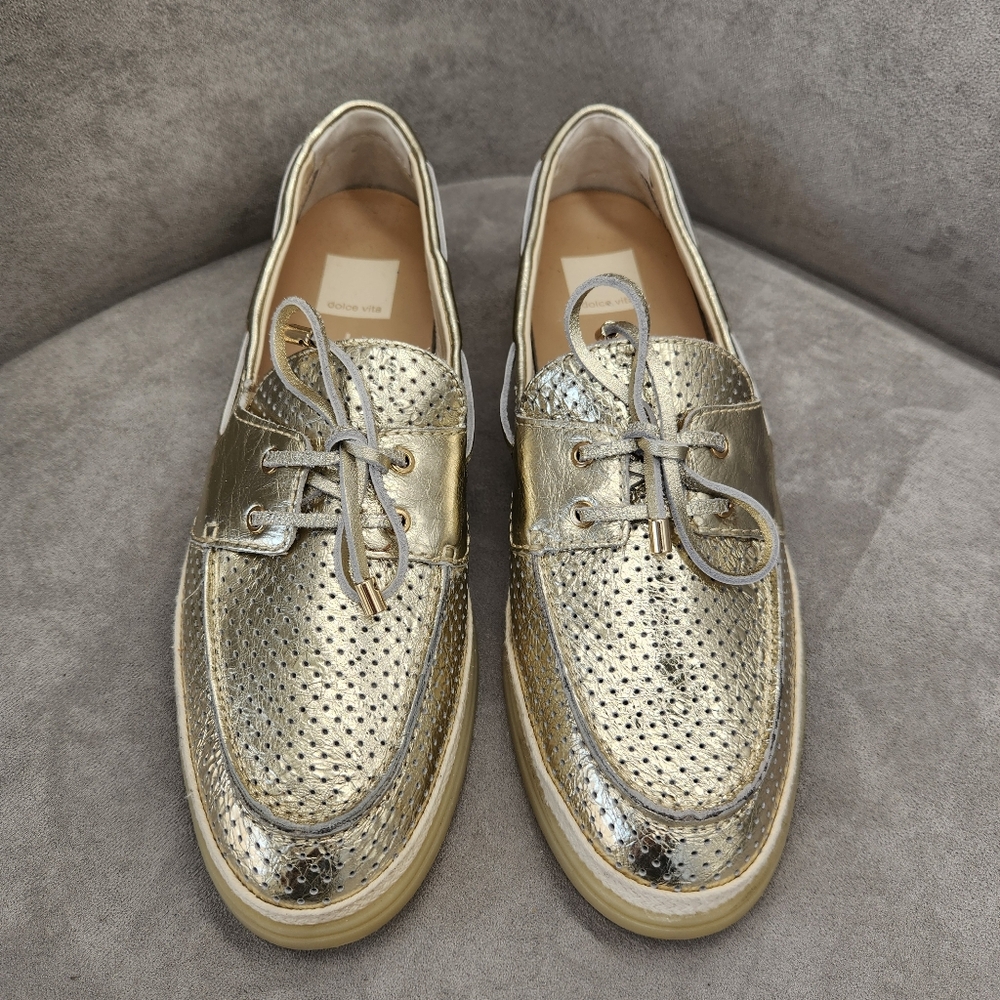 Dolce Vita Loafers 10 Platinum Gold Leather Doris Perforated Metallic New $140